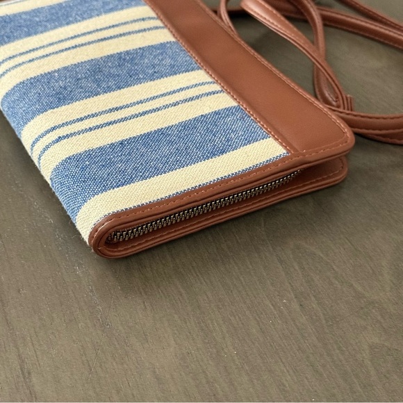 Striped Blue and White with Brown Crossbody Bag or Wallet - Picture 2 of 5